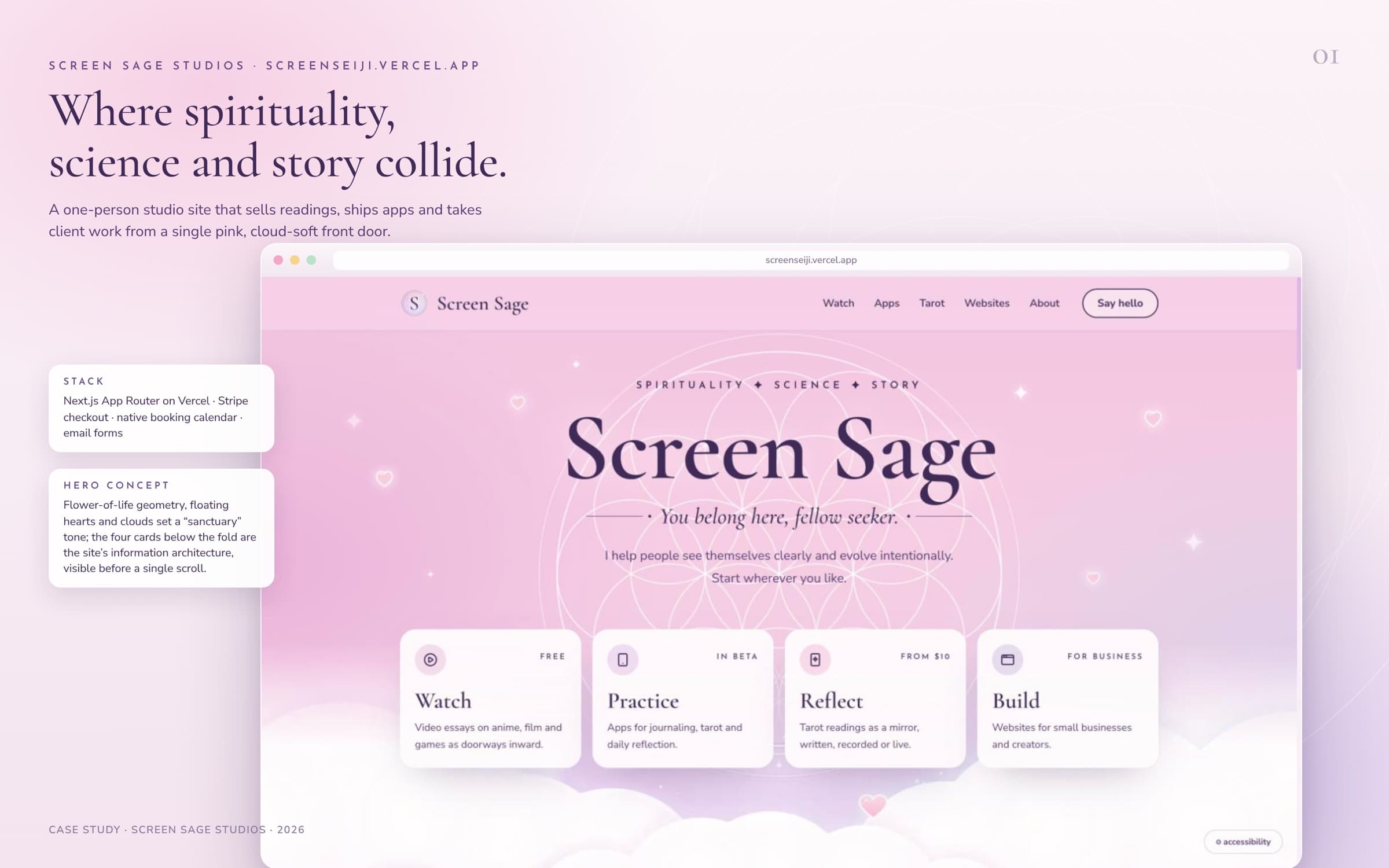 Case study cover: the Screen Sage home page in a browser frame, with the flower-of-life hero, the tagline “You belong here, fellow seeker.” and four cards for Watch, Practice, Reflect and Build, beside notes on the stack and the hero concept.