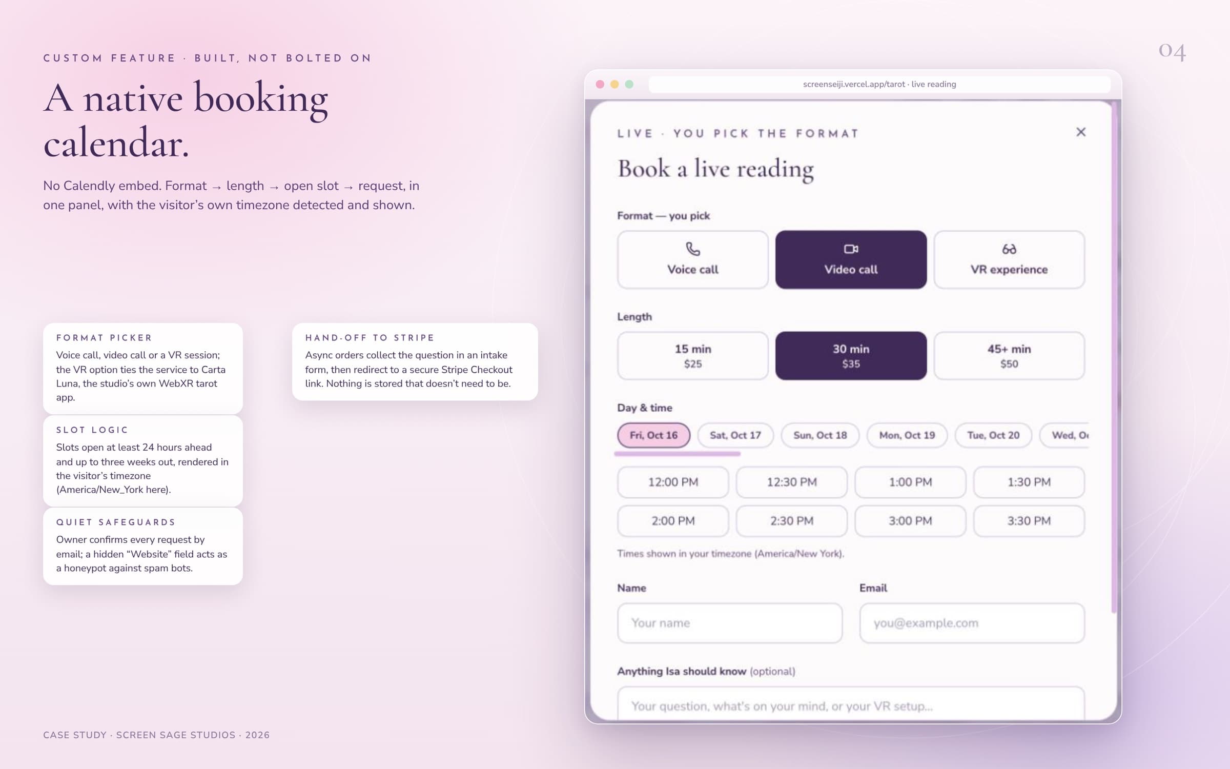 The Book a live reading panel: format buttons for voice call, video call and VR, length options priced $25, $35 and $50, day chips, a grid of 30-minute slots in the visitor’s timezone, and name and email fields.