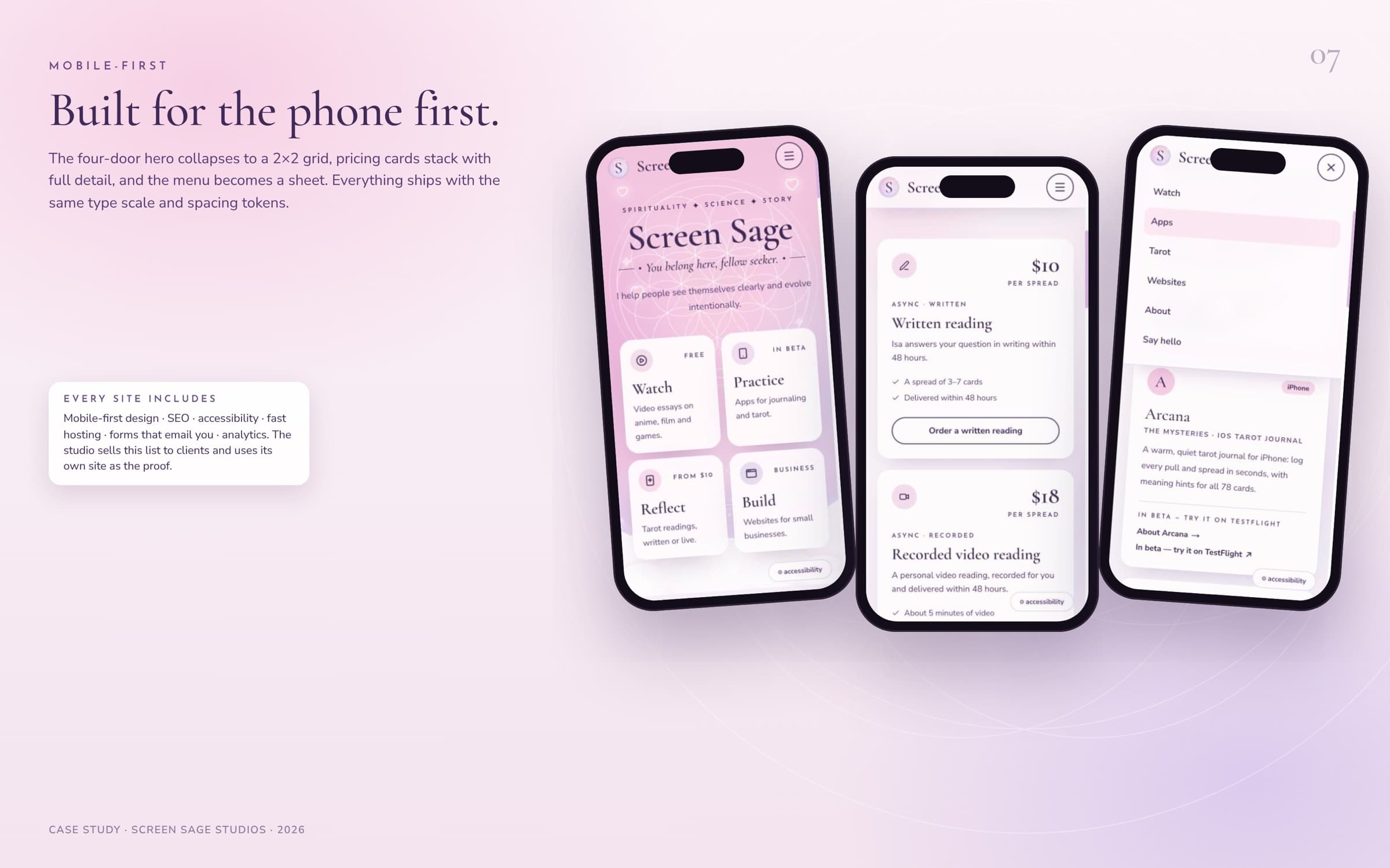 Three phone screens: the home hero with the four doors in a 2×2 grid, stacked tarot pricing cards, and the open menu sheet over the Arcana app card.