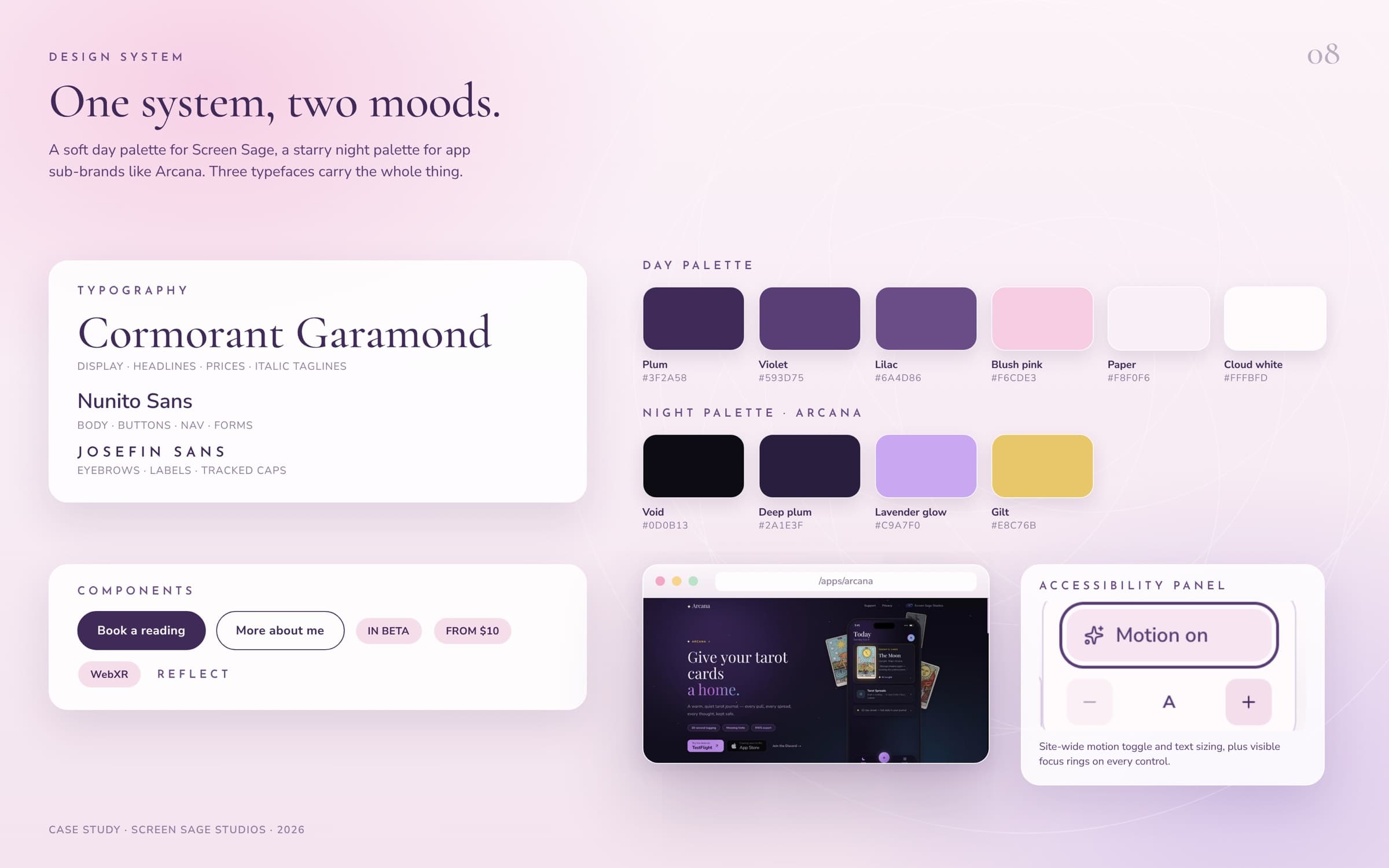 Design system board: Cormorant Garamond, Nunito Sans and Josefin Sans specimens, day and night color palettes with hex codes, button and pill components, the dark Arcana page and the accessibility panel.